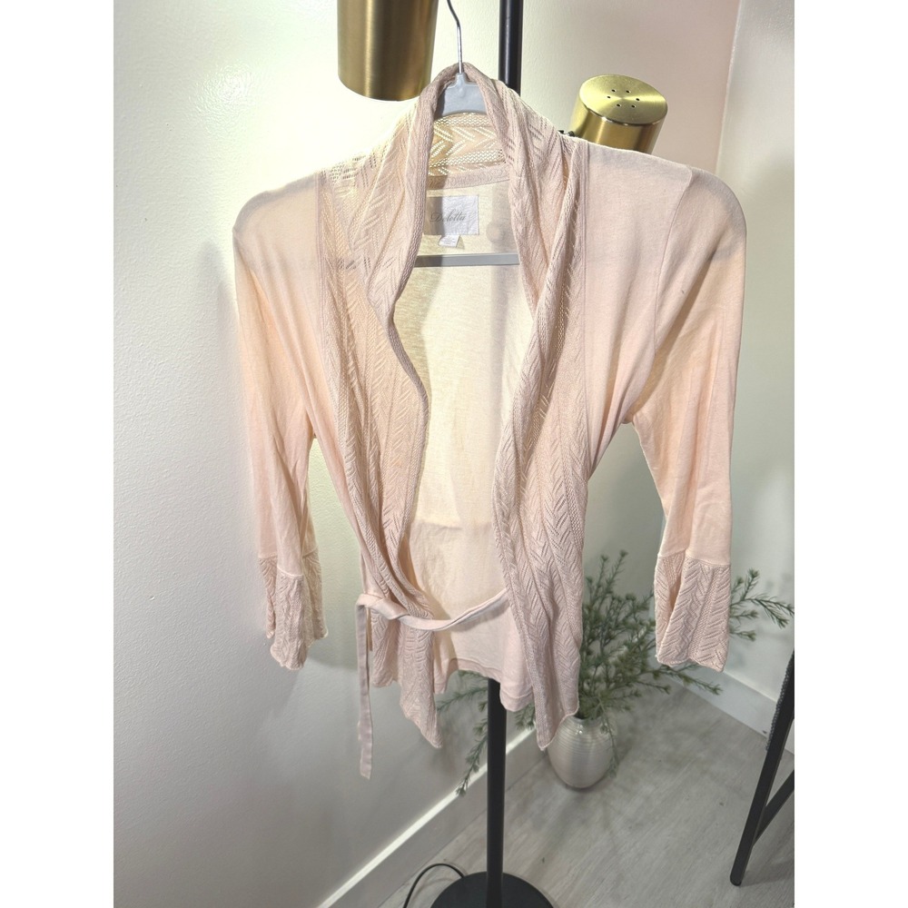 Deletta Anthropologie Peach Pointelle Wrap Cardigan romantic Tie Waist LG euc